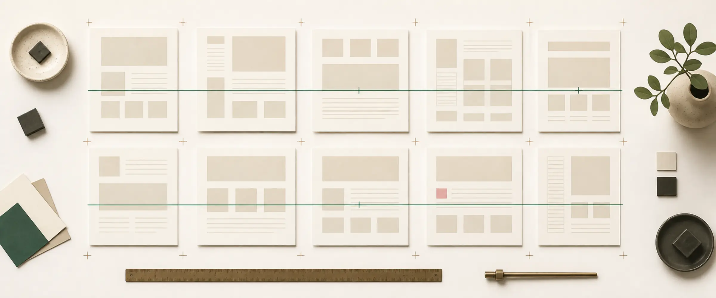 An orderly set of abstract website pages is measured evenly along two calm emerald inspection lines.