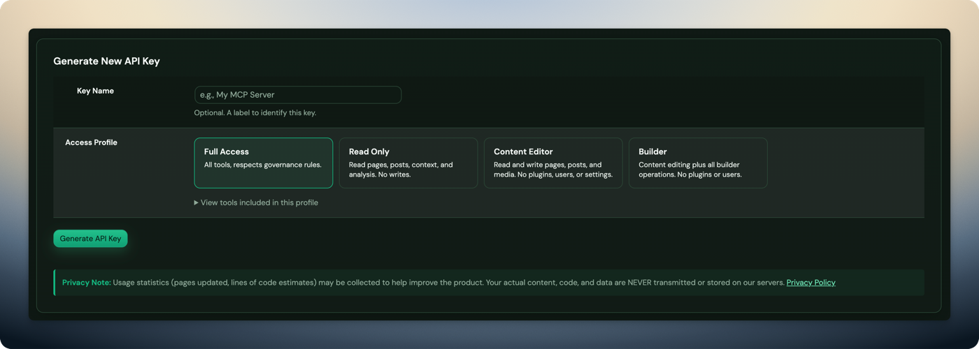 Respira API Key generation with Access Profiles — Full Access, Read Only, Content Editor, Builder