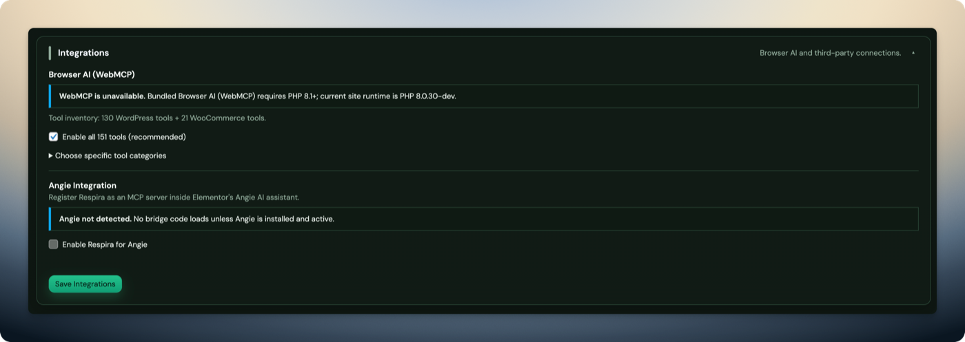 Respira Integrations — WebMCP and Angie AI agent configuration