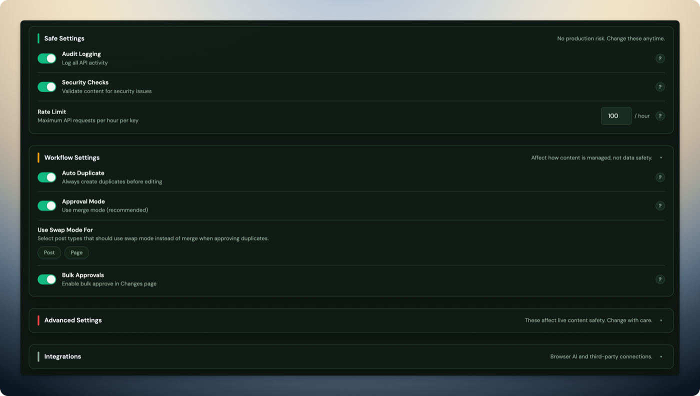 Respira Settings page with risk-based zones — green for safe options, yellow for workflow changes, red for dangerous settings