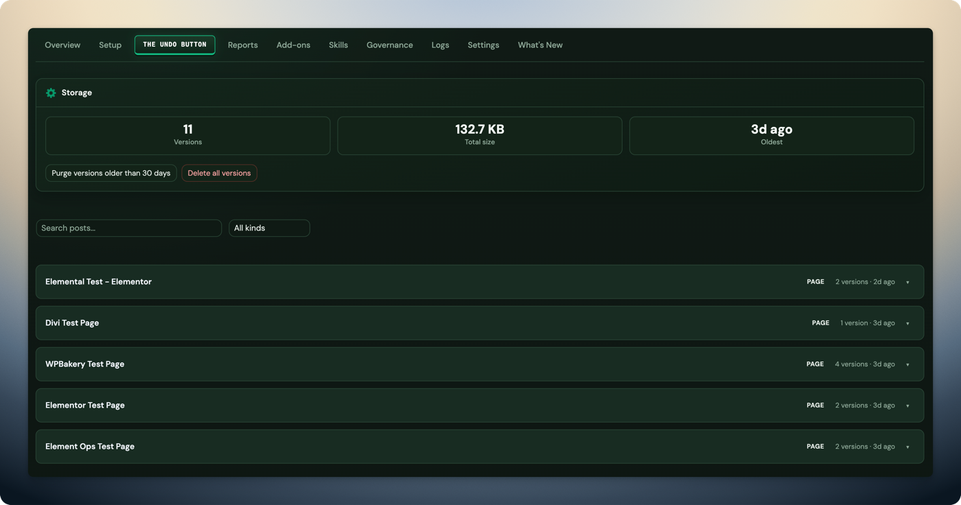 Respira Undo Button — snapshot storage stats and version history per page