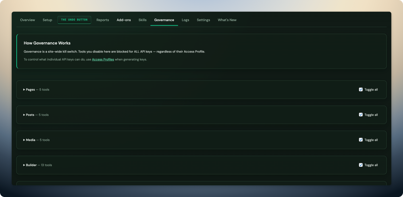 Respira Tool Governance — category-based toggles for Pages, Posts, Media, and Builder tools