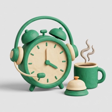 A clay alarm clock showing four o'clock, wearing a headset, next to a coffee mug.