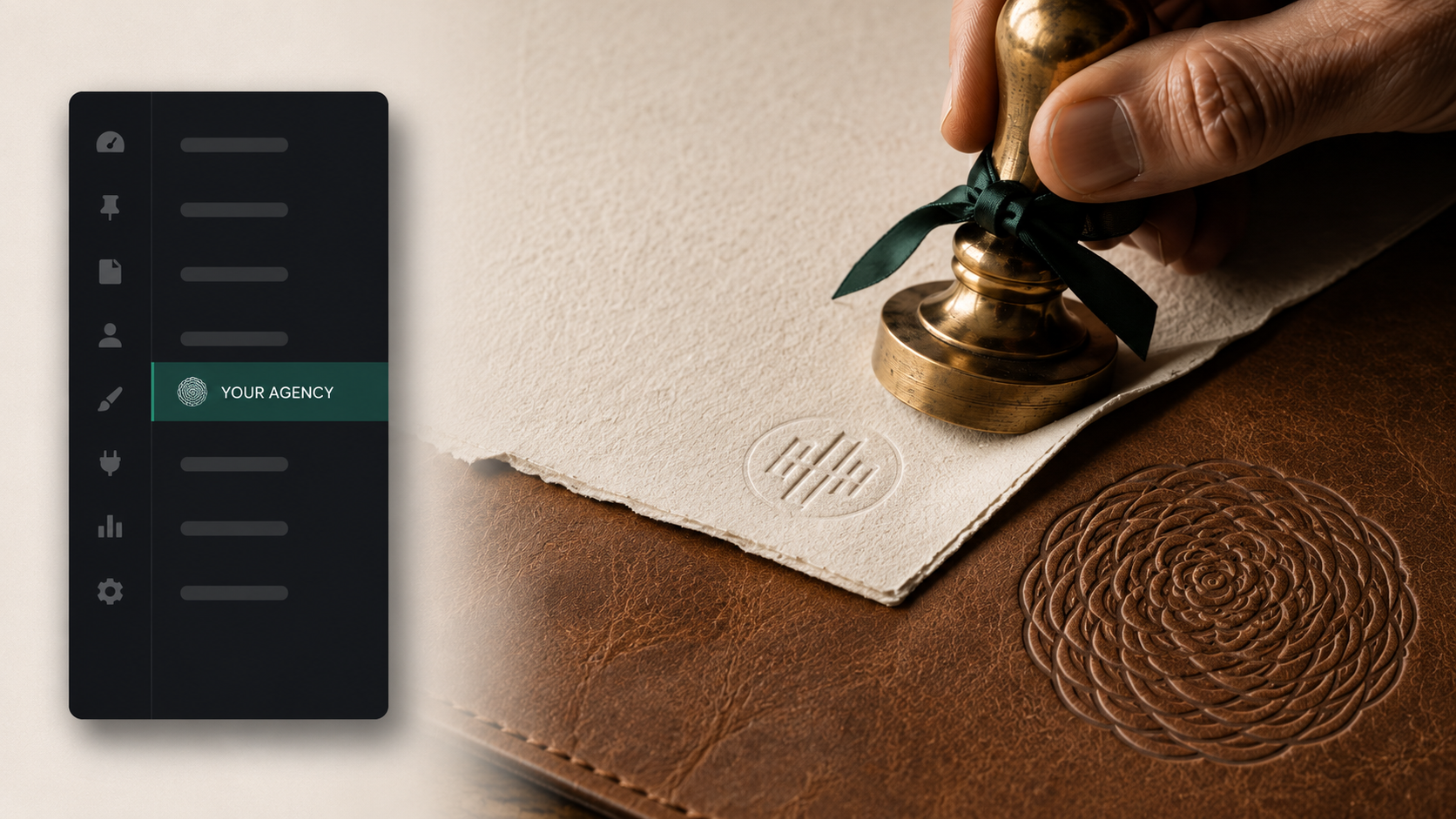 A hand presses a brass embossing seal into handmade paper next to a wp-admin sidebar where the highlighted menu entry reads YOUR AGENCY, above a mandala stamped into brown leather